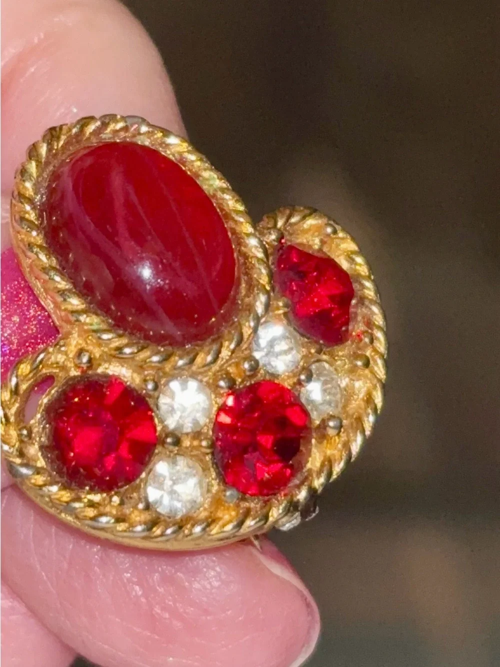 1940s Signed Eisenberg Ruby Jelly Belly Scatter Pin • Red Cabochon & Rhinestone